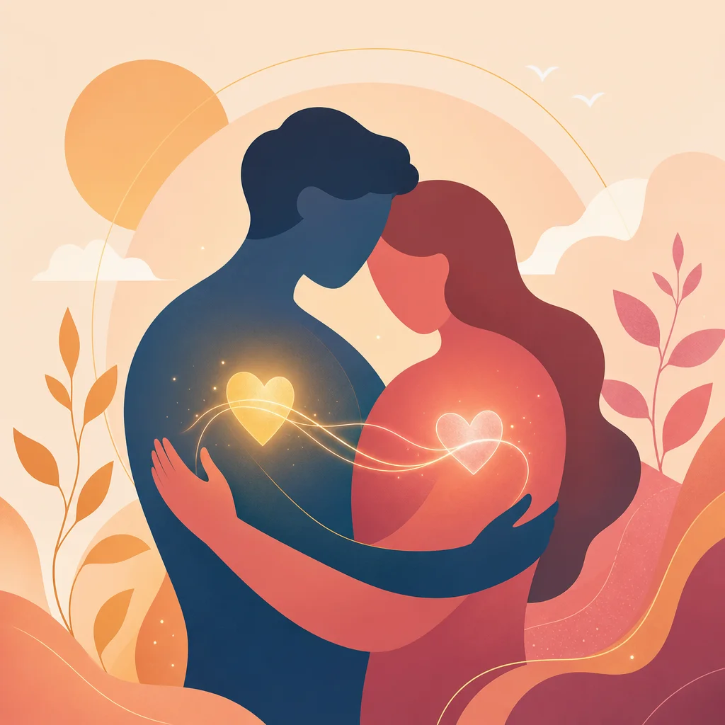 Flat vector of couple with transparent heart, soft teal and coral tones