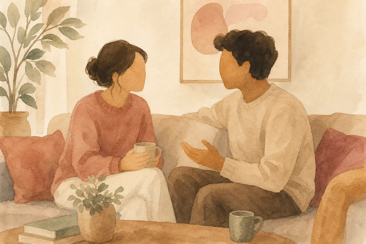 Abstract couple having a gentle conversation, watercolor style