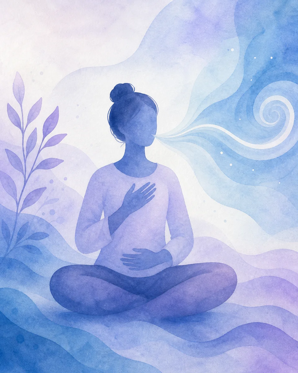 Abstract figure practicing deep breathing, watercolor style