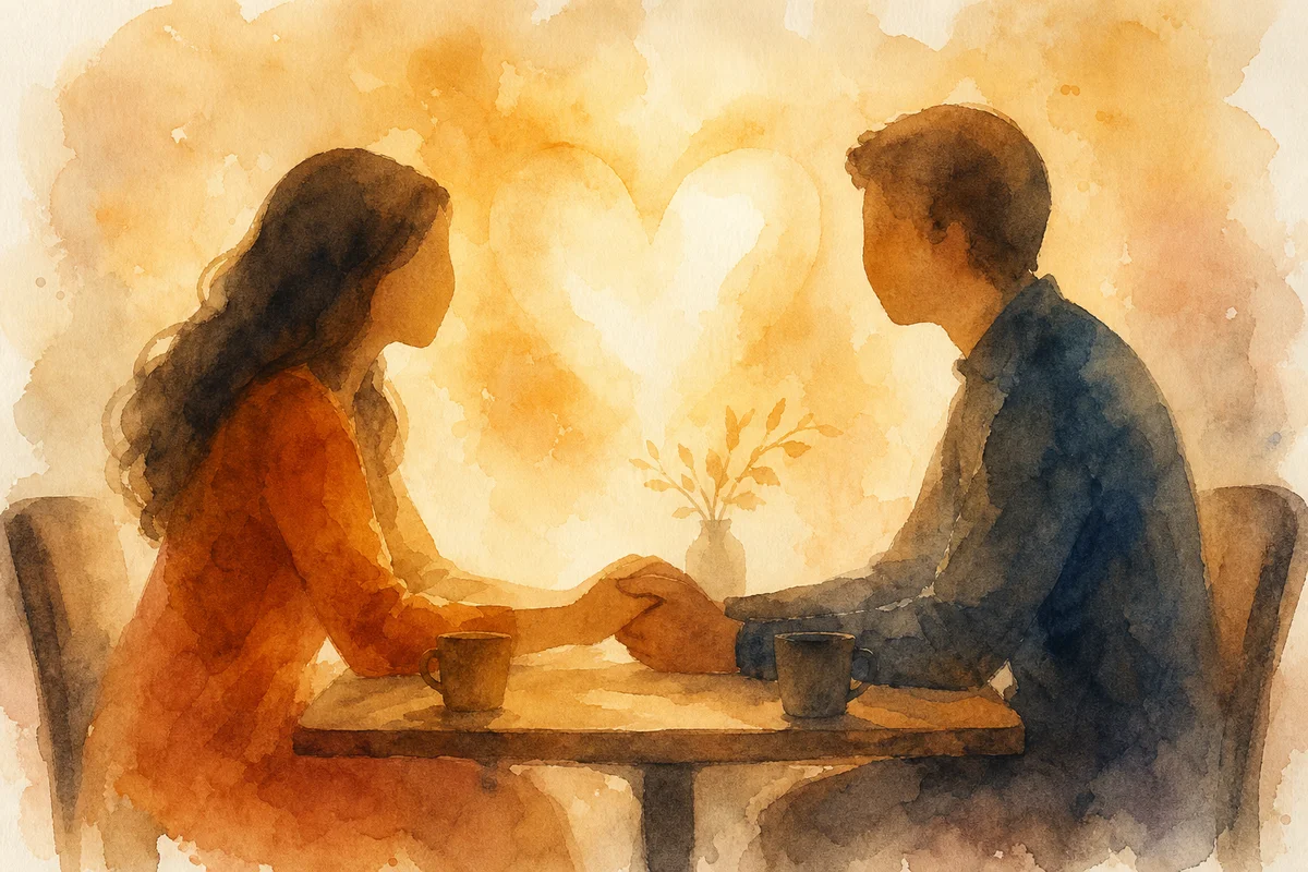 Abstract couple holding hands across a table, watercolor style
