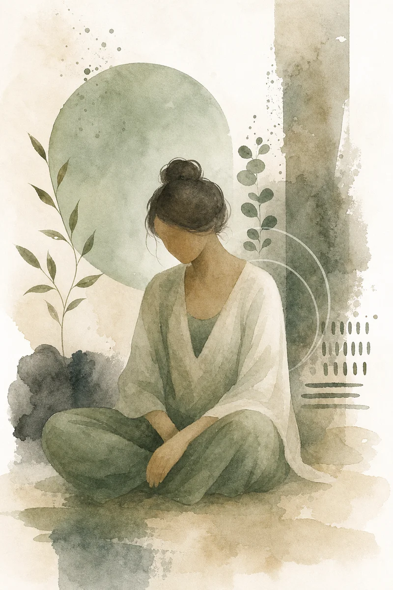 Abstract figure in grounded, peaceful posture, watercolor style