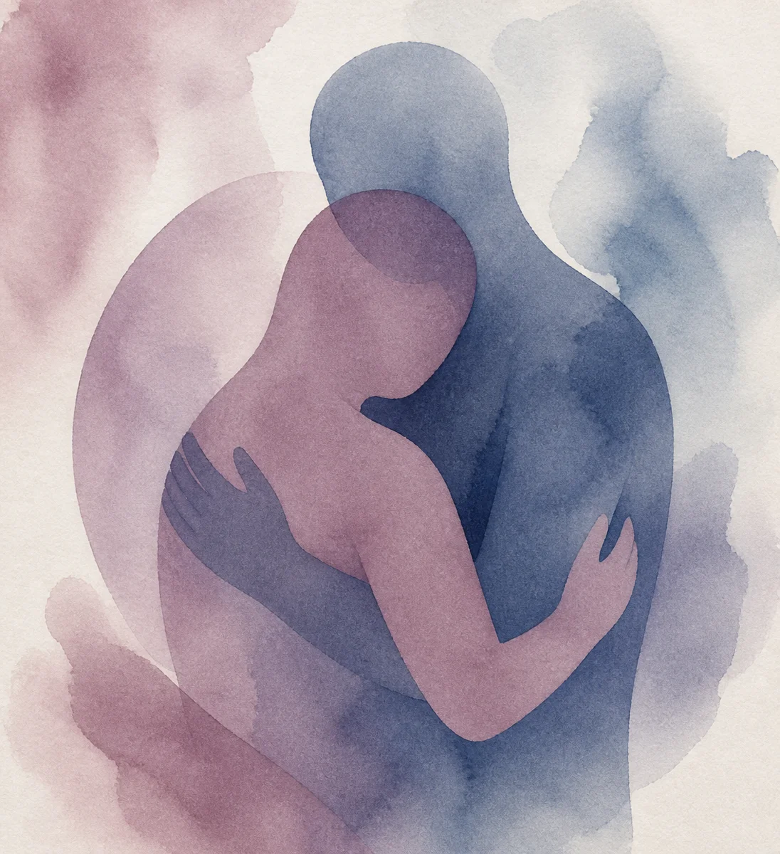 Two abstract overlapping forms suggesting reconnection, watercolor style