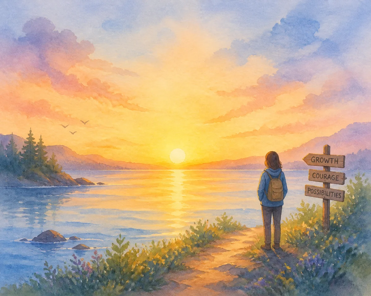 Watercolor sunrise over calm water symbolizing new beginnings