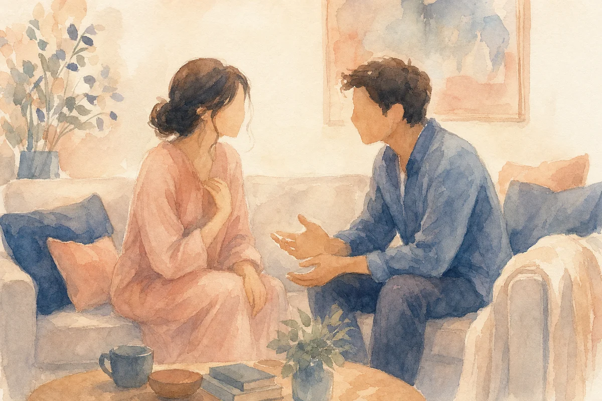Soft watercolor illustration of two people sitting closely on a couch having an intimate conversation, warm pastel tones with flowing brush strokes