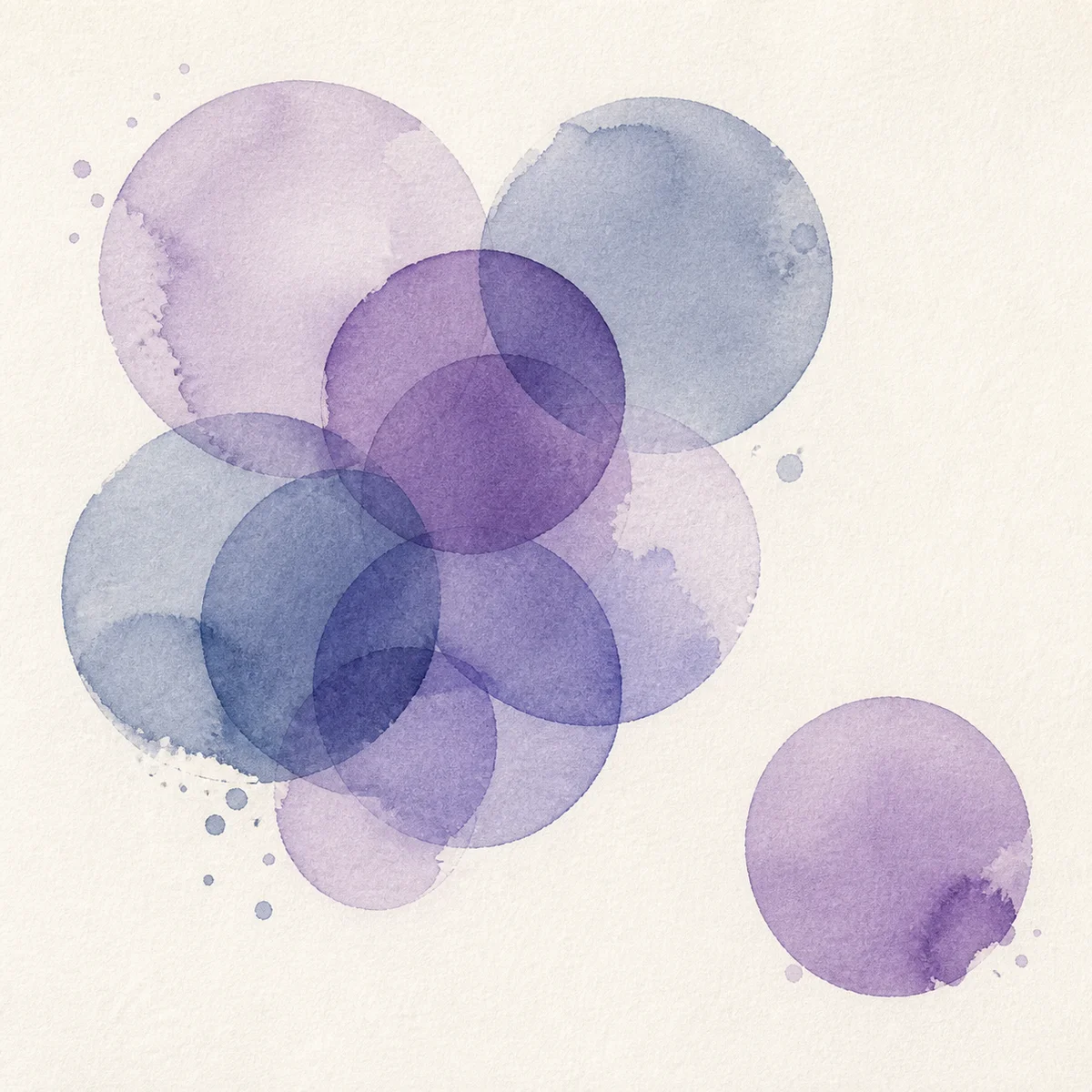 Watercolor abstract of two overlapping circles with a third circle slightly apart, soft lavender and muted blue tones bleeding into each other