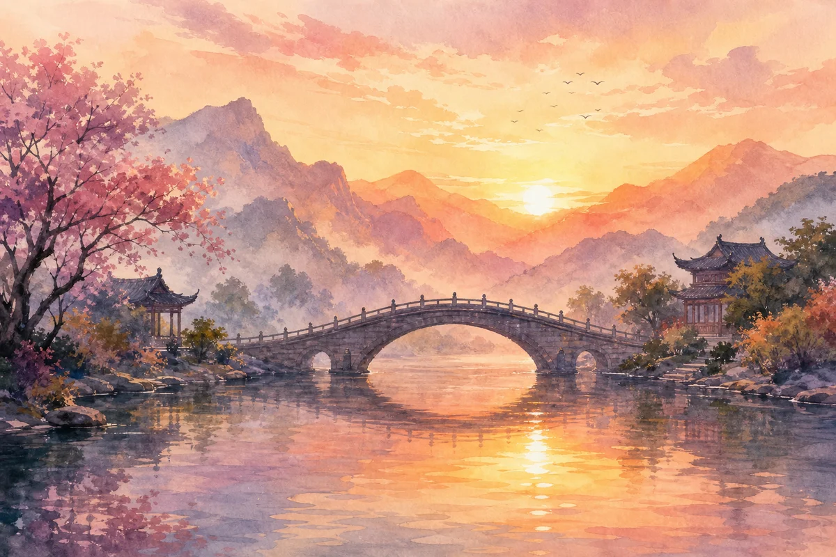 Watercolor illustration of a bridge connecting two shores with a sunrise in the background, soft peach and gold tones, gentle brush strokes