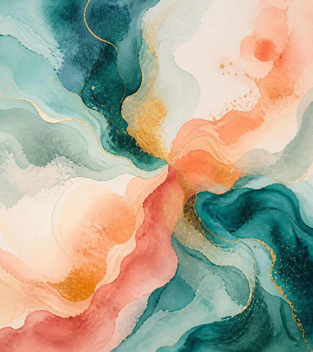 Watercolor abstract of three flowing shapes in soft teal, coral, and gold, gently overlapping and separating, conveying emotional complexity