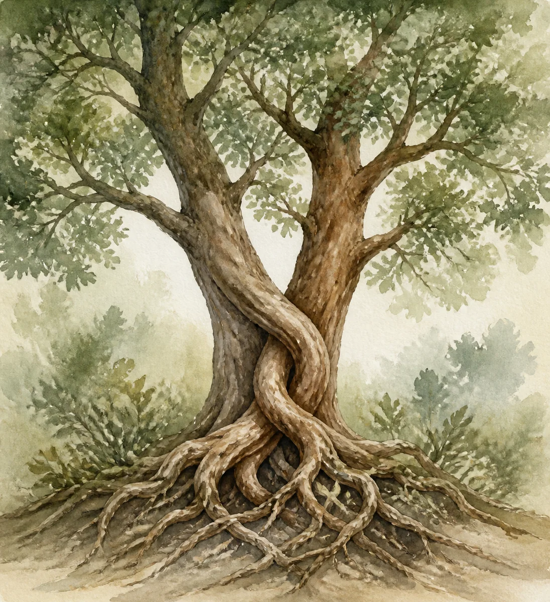 Watercolor illustration of two trees growing side by side with intertwined roots, soft sage green and earthy brown tones