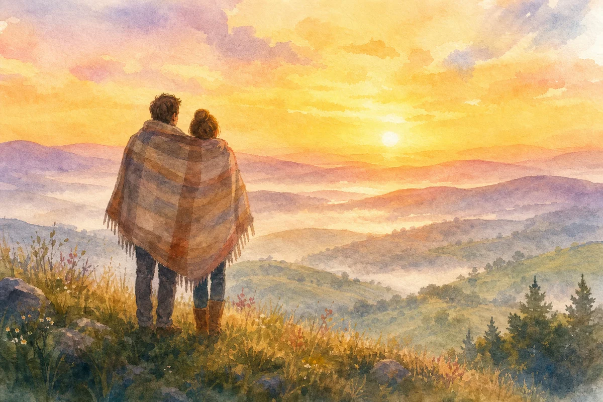 Watercolor illustration of a couple sitting together at sunrise on a hilltop overlooking a soft pastel landscape, wrapped in a shared blanket