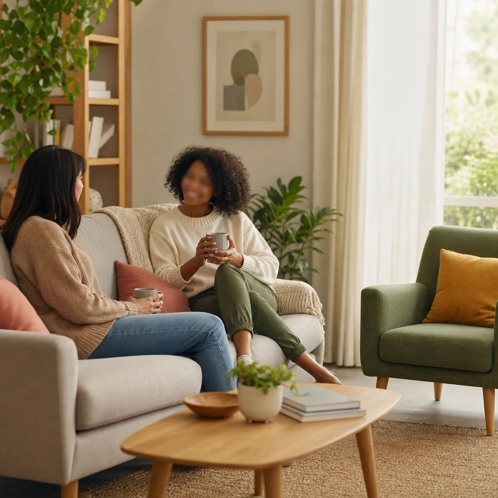 A warm living room scene with an inviting empty chair suggesting an expected third person joining a couple's conversation