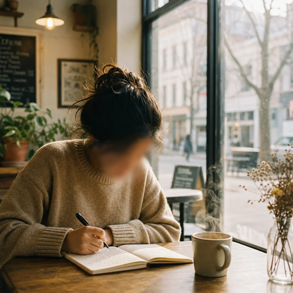 A person journaling at a coffee shop desk with morning light emphasizing self-reflection and boundary-setting practice