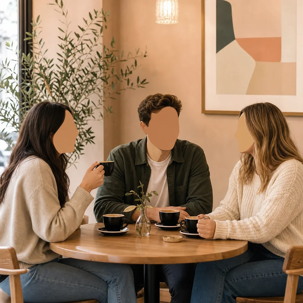 Three people sitting equally around a cafe table showing balanced group connection and comfortable communication