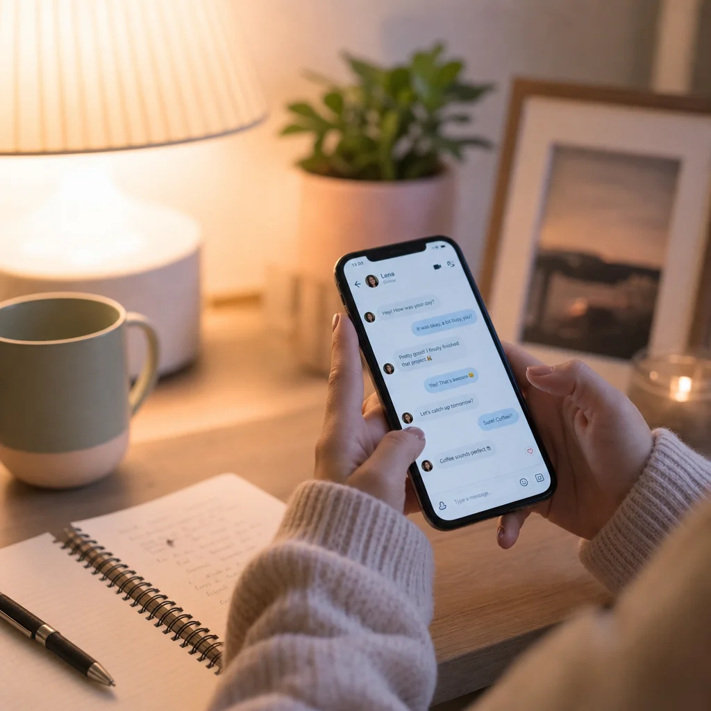 Hands holding a smartphone on a desk with notebook showing intentional communication and digital connection