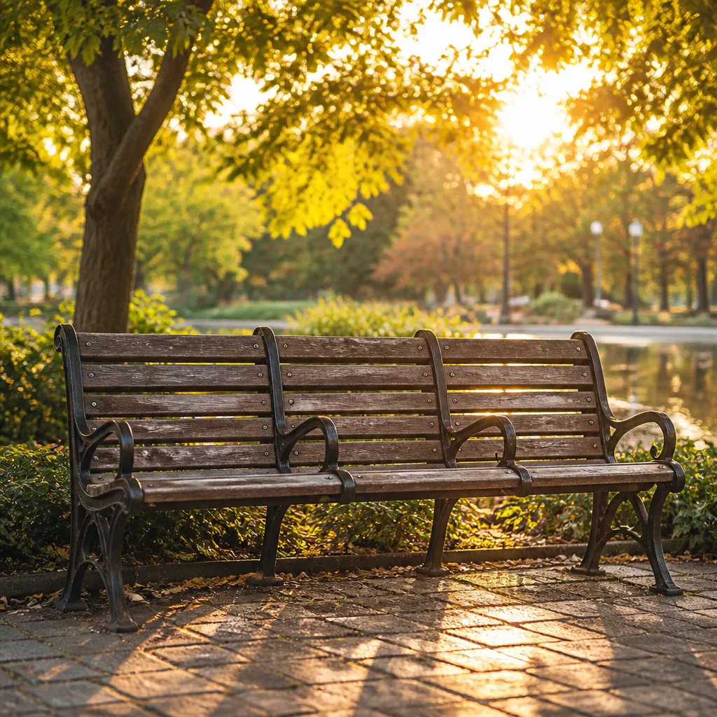 A park bench with three seating spots in golden hour light symbolizing equal space for each person in a triad