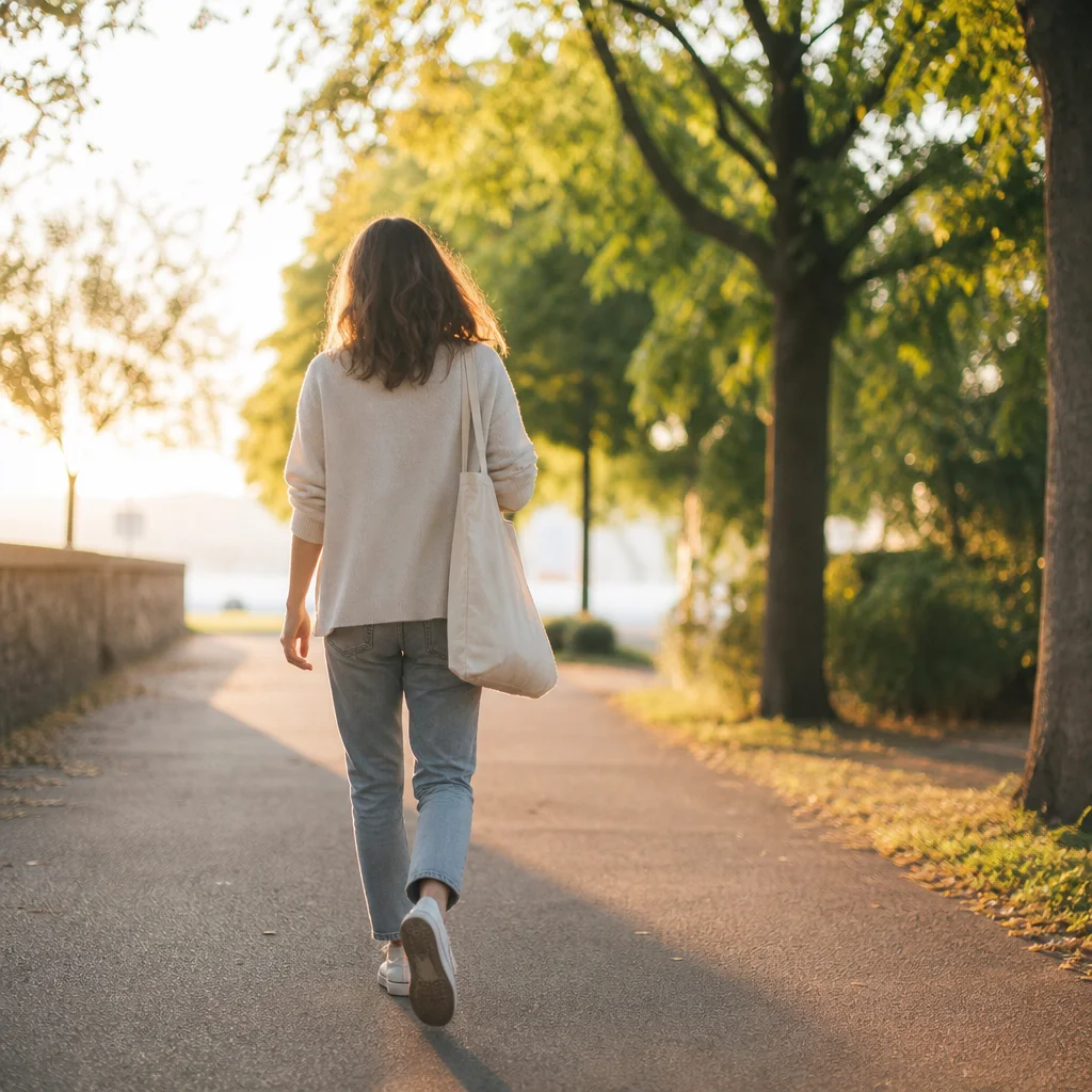 A figure walking confidently down a tree-lined path in afternoon light representing independence and self-direction