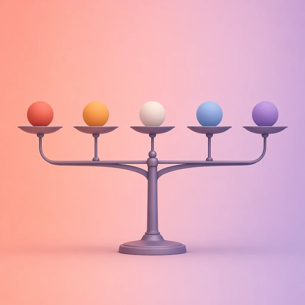 Balance scales with multiple equal-height platforms holding colored spheres in gradient-minimalist style