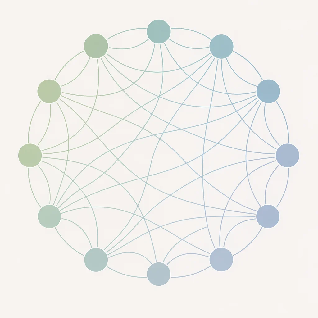 Interconnected network diagram with all nodes at the same level in gradient-minimalist style