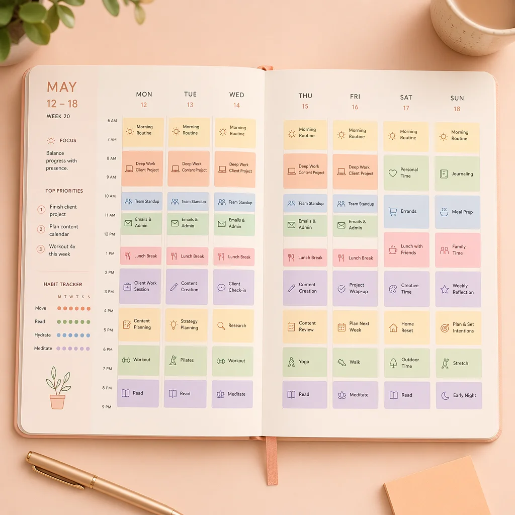 Calendar planner with evenly distributed colored time blocks in gradient-minimalist design