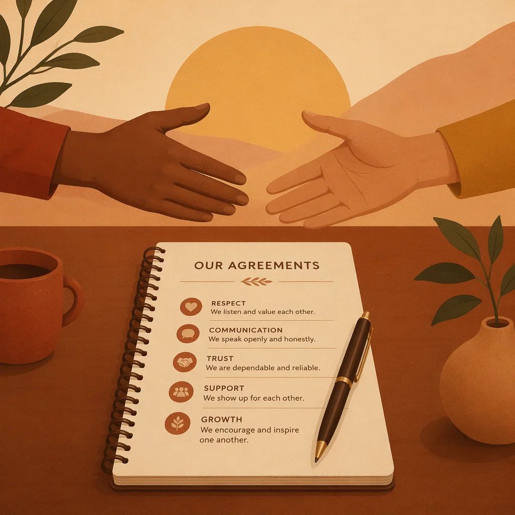 Two hands across a table with notebook and pen containing written agreements in gradient-minimalist style
