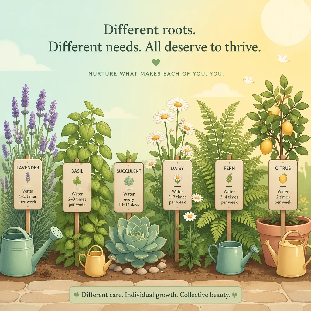 Garden with different labeled plants growing side by side in gradient-minimalist style