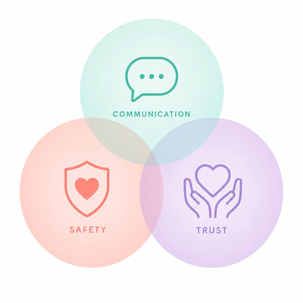 Three overlapping translucent circles with communication safety and trust icons