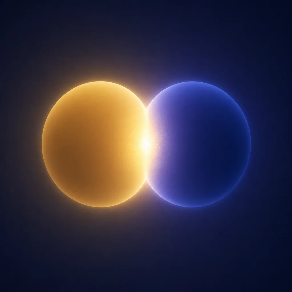 Two gradient orbs meeting with glow symbolizing successful connection after vetting