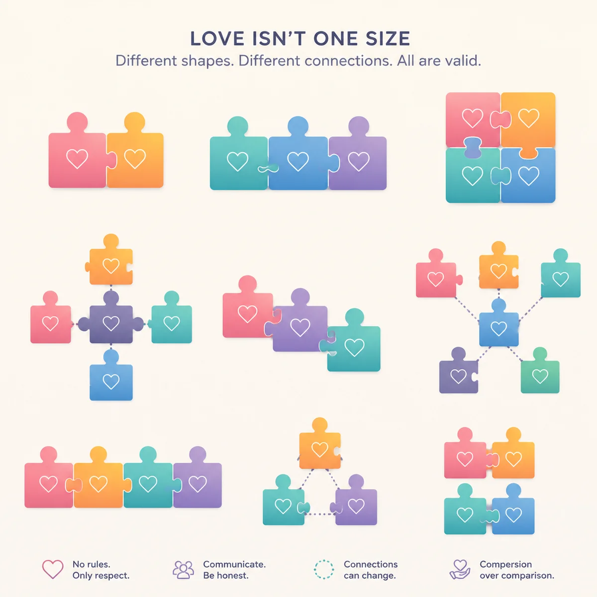 Gradient-minimalist illustration of puzzle pieces fitting together in different configurations, representing flexible polyamory styles