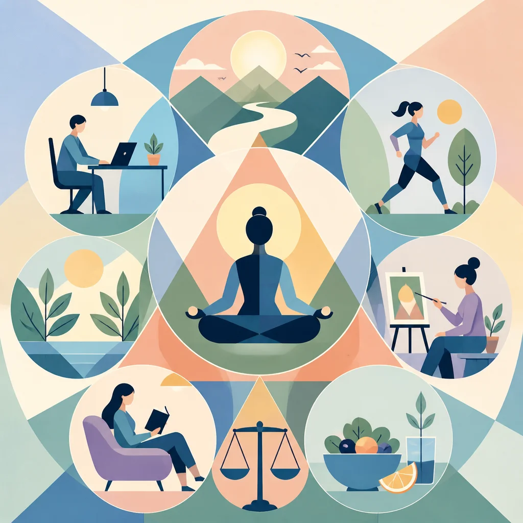 Geometric pattern illustration of balanced intersecting shapes in pastel tones representing lifestyle equilibrium and pacing