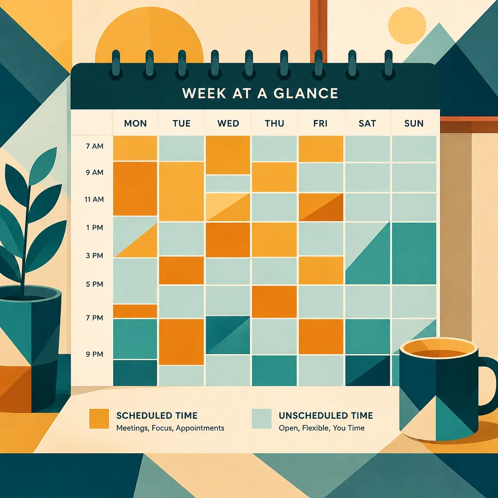 Geometric calendar illustration with color-coded blocks representing time management and scheduling