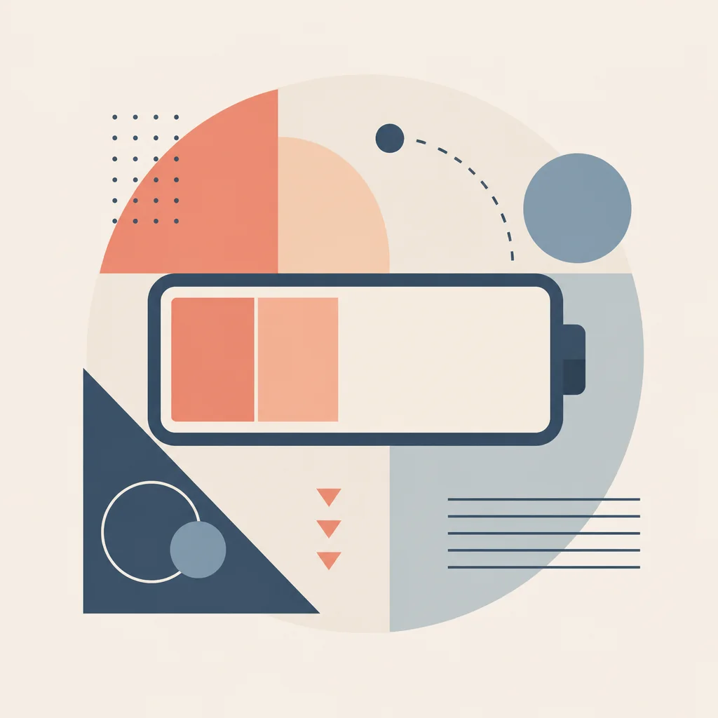Abstract geometric battery illustration showing partial energy level with muted coral and slate colors