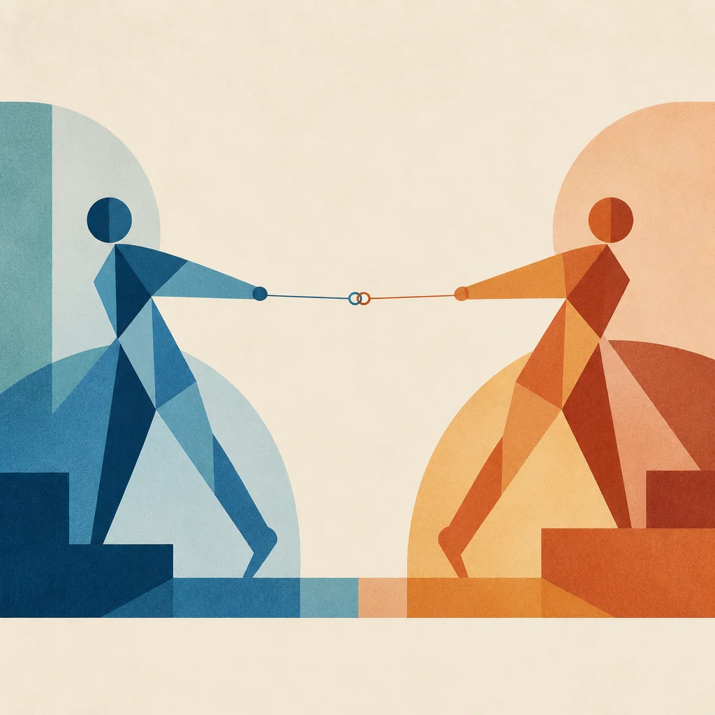 Two interlocking geometric shapes gently separating but staying connected by a thread, in complementary pastel hues