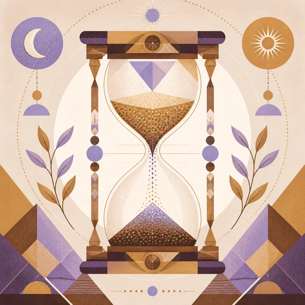 Geometric hourglass illustration with flowing dots in warm earth tones and lavender