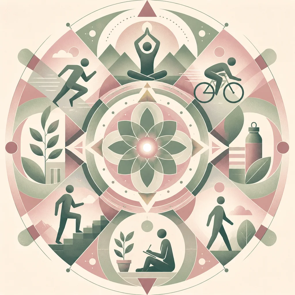 Geometric mandala with soft sage and dusty rose gradients, centered glowing point