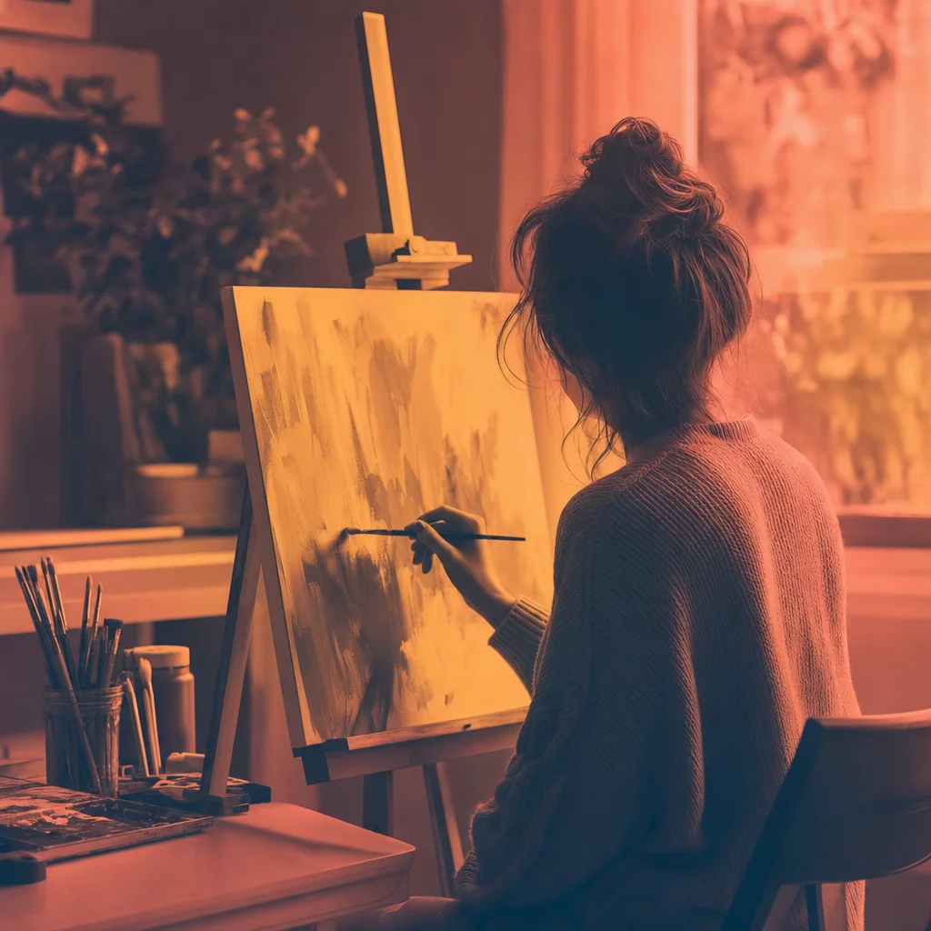 Person engaged in solo creative hobby, warm duotone photography style