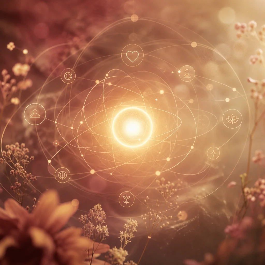 Abstract visualization of self-identity as glowing core with orbiting connections