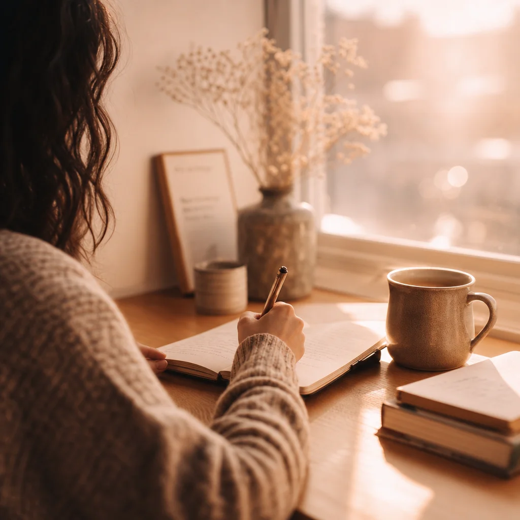 Person journaling at desk with morning light, warm duotone tones