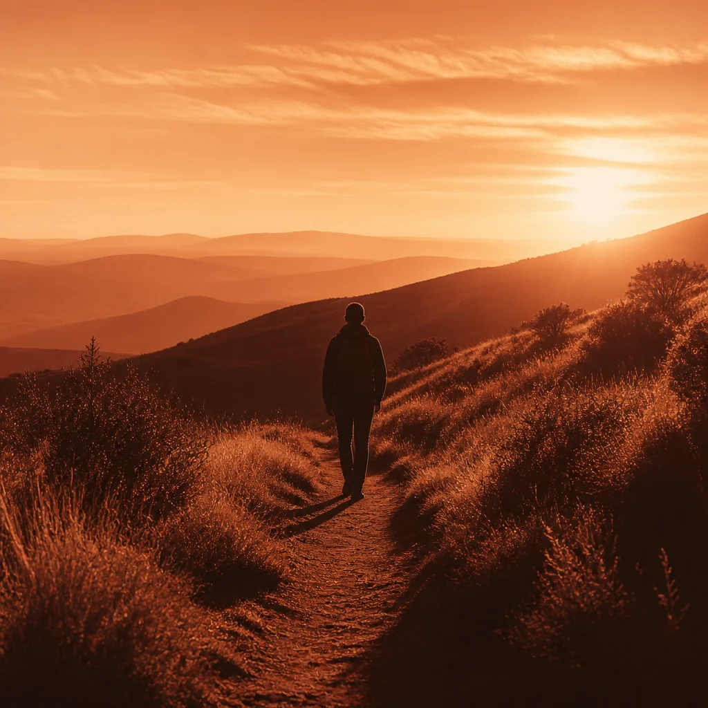 Silhouette walking alone in nature at golden hour, warm duotone style