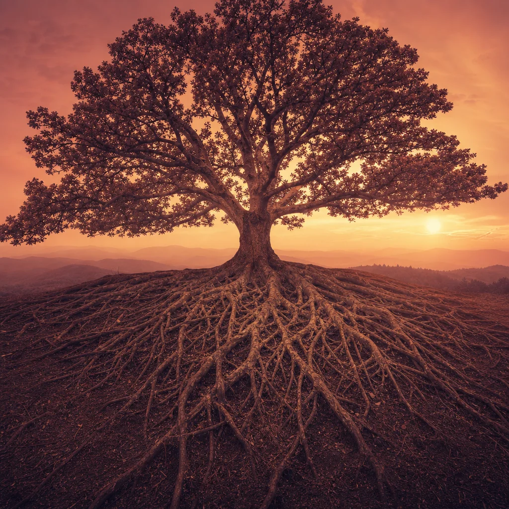 Tree with deep roots and spreading branches, warm duotone photography