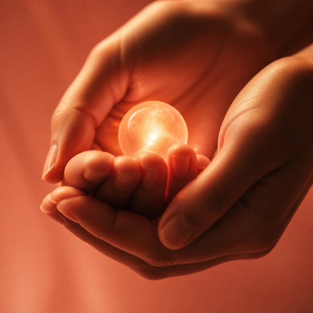 Hands cupping glowing sphere of light, warm duotone intimate composition