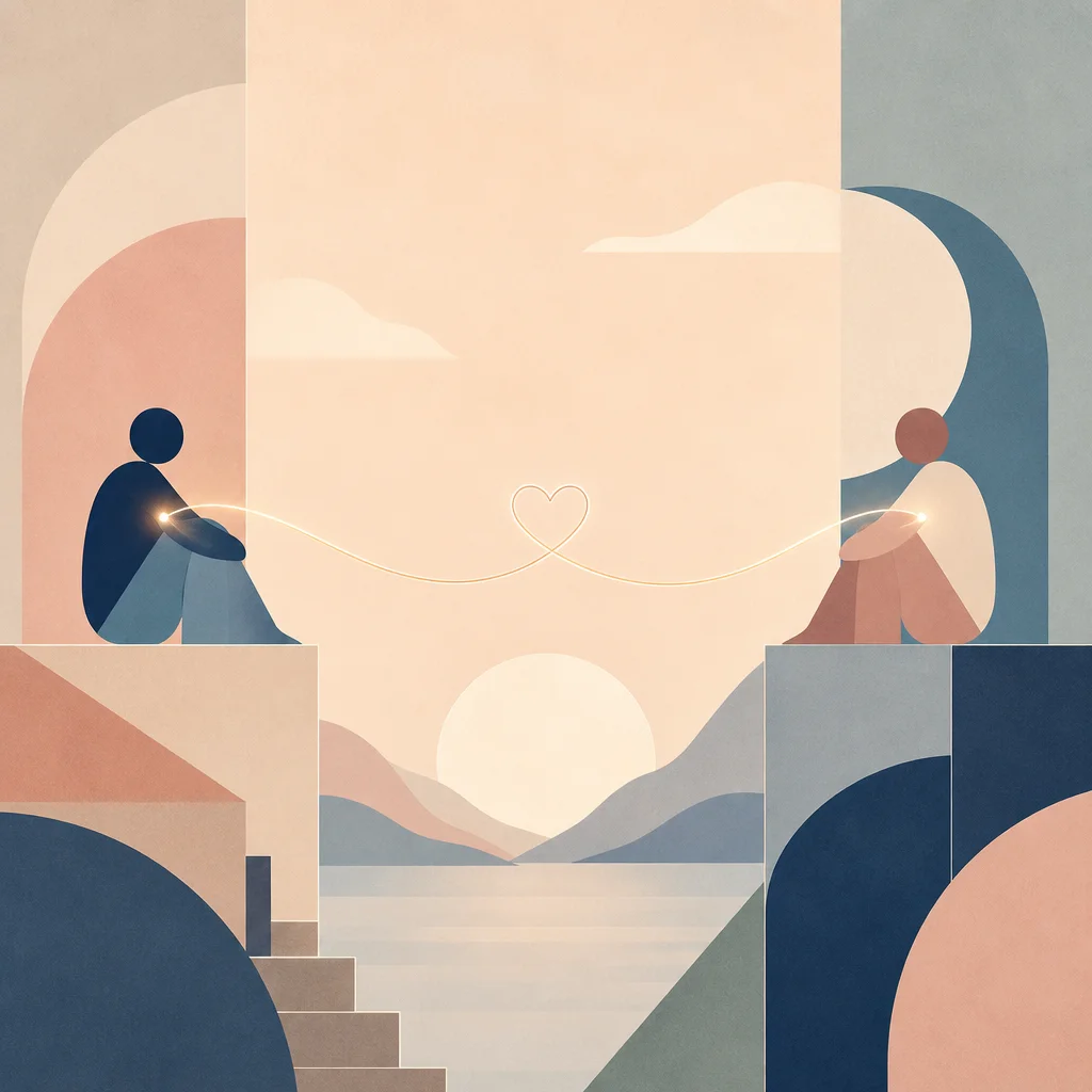 Abstract figures connected by thread symbolizing ENM emotional bond