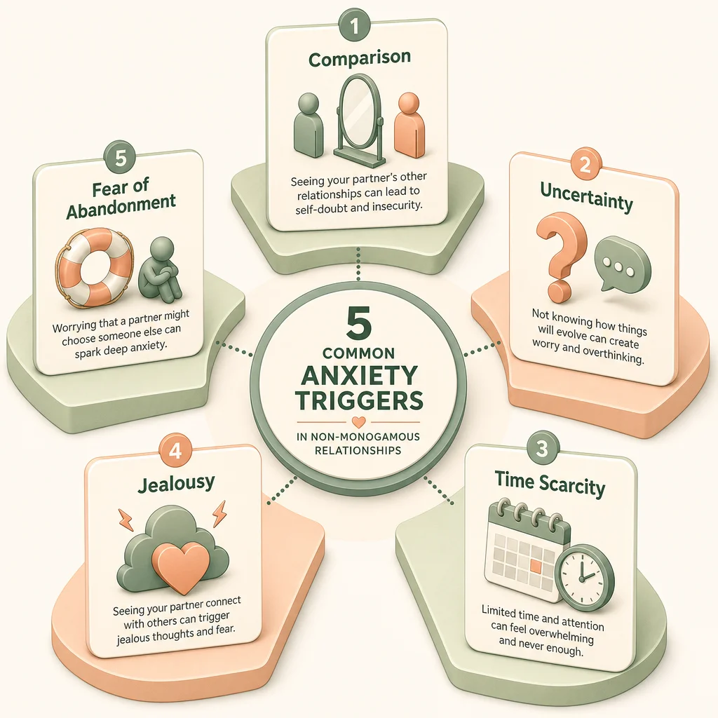 Infographic illustrating common anxiety triggers in non-monogamous relationships cluster around comparison, uncertainty, and fear of loss