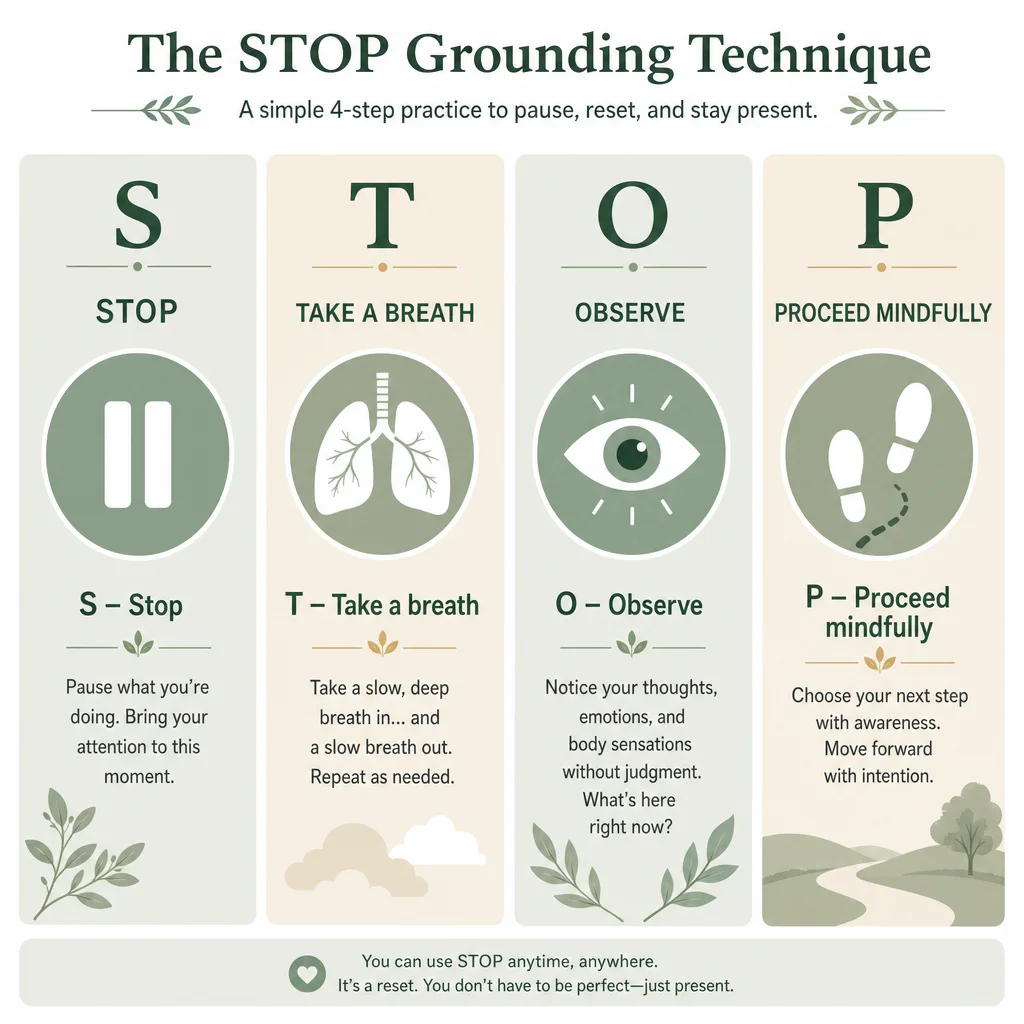 Infographic illustrating the stop technique gives you a structured way to ground yourself when anxiety spikes unexpectedly