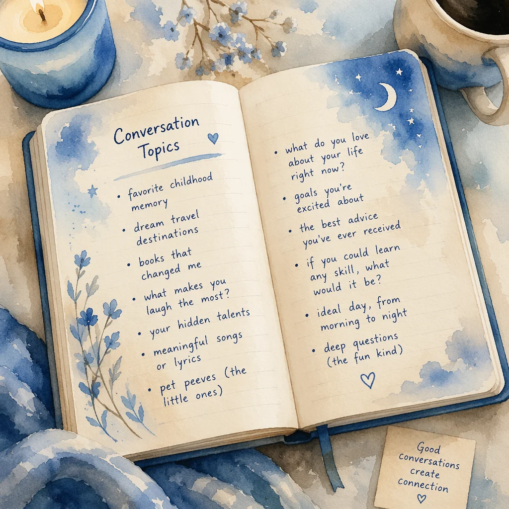 A watercolor illustration of an open notebook with handwritten conversation prompts, soft blue and cream tones, representing pre-encounter expectation setting