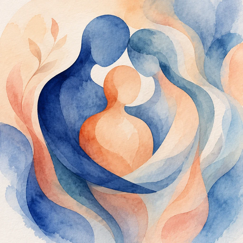 A watercolor painting of three abstract figures in soft flowing colors, gentle blues and warm peaches merging, representing the organic adjustment of expectations