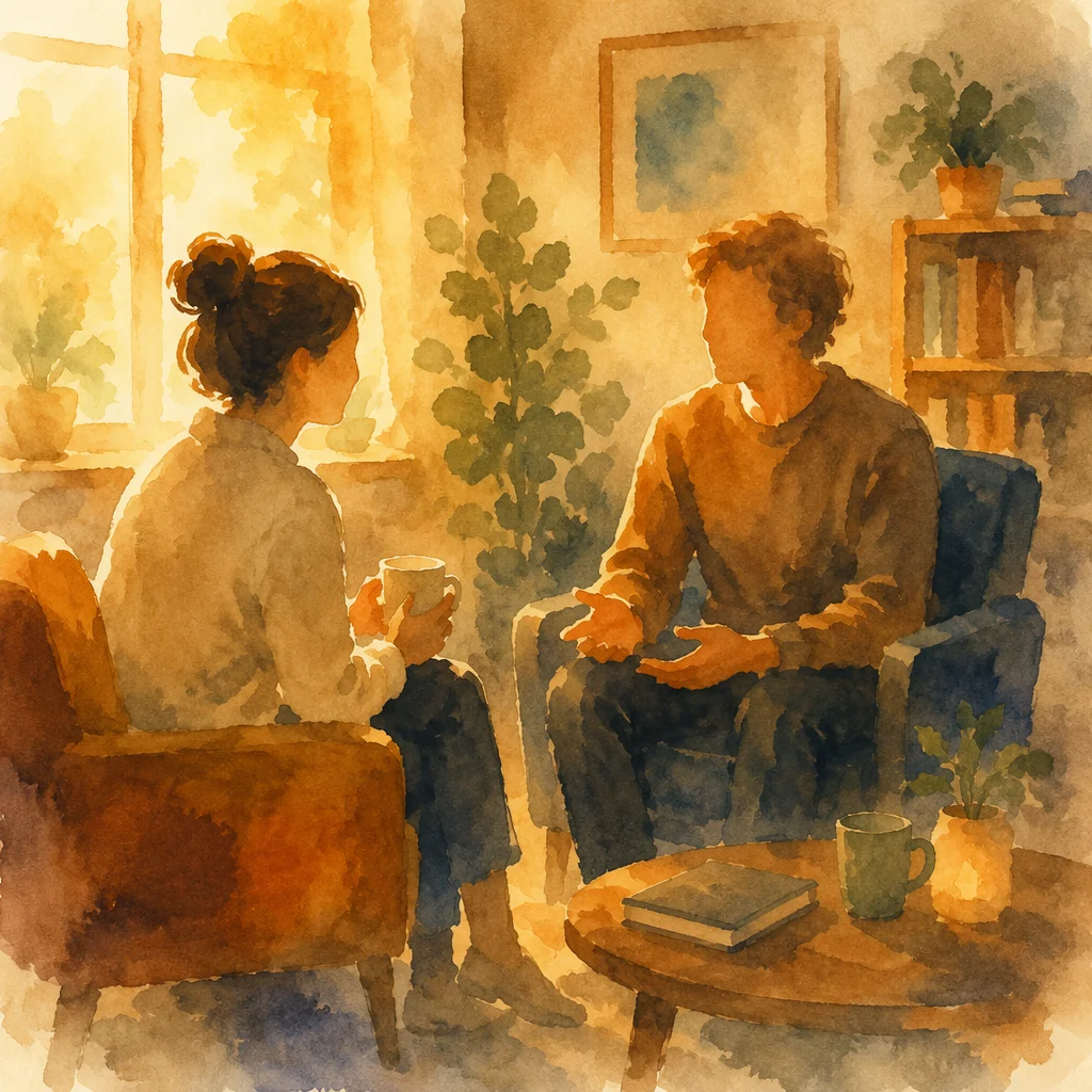 A watercolor illustration of two people sitting face to face in quiet conversation, soft warm golden light, representing post-encounter expectation debriefing