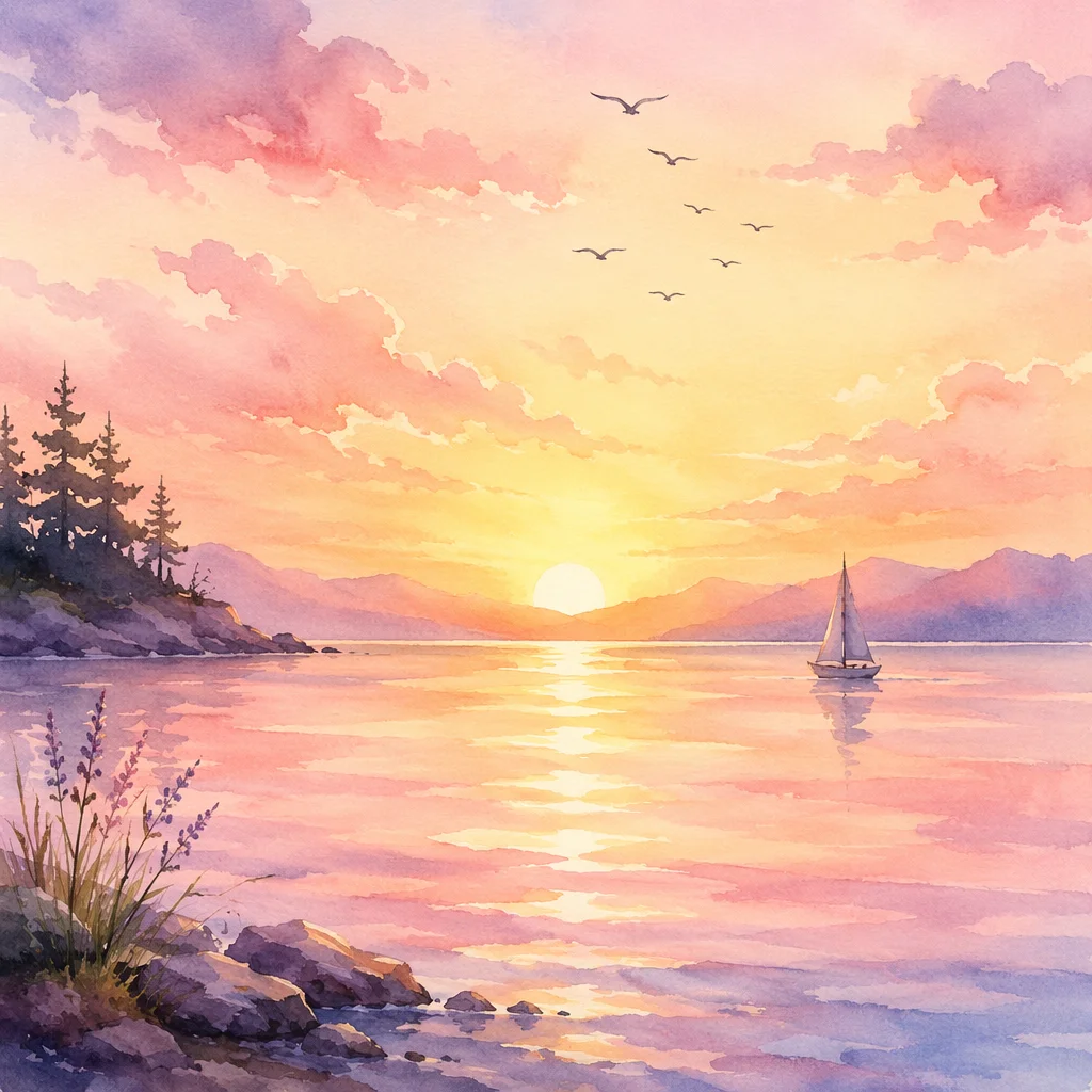 A watercolor painting of a sunrise over calm water with gentle pink and gold reflections, representing hope and clarity after navigating expectation gaps