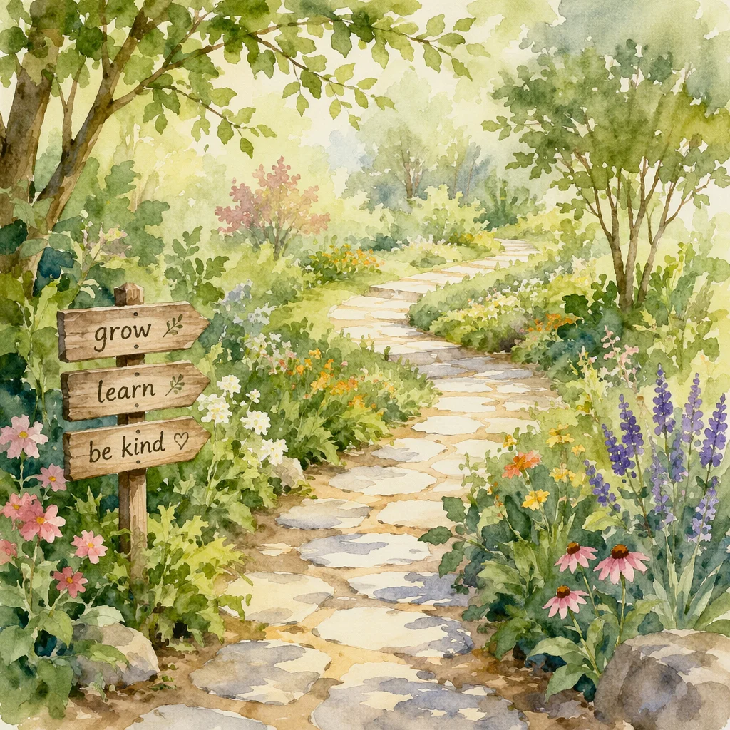A watercolor of a winding garden path through soft greenery, dappled light, continuous growth metaphor