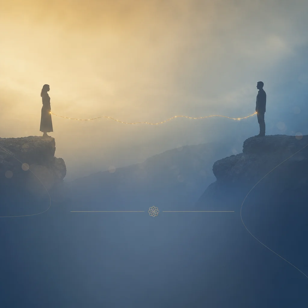 Two figures connected by a glowing thread, representing a mono-poly relationship bond across different orientations.