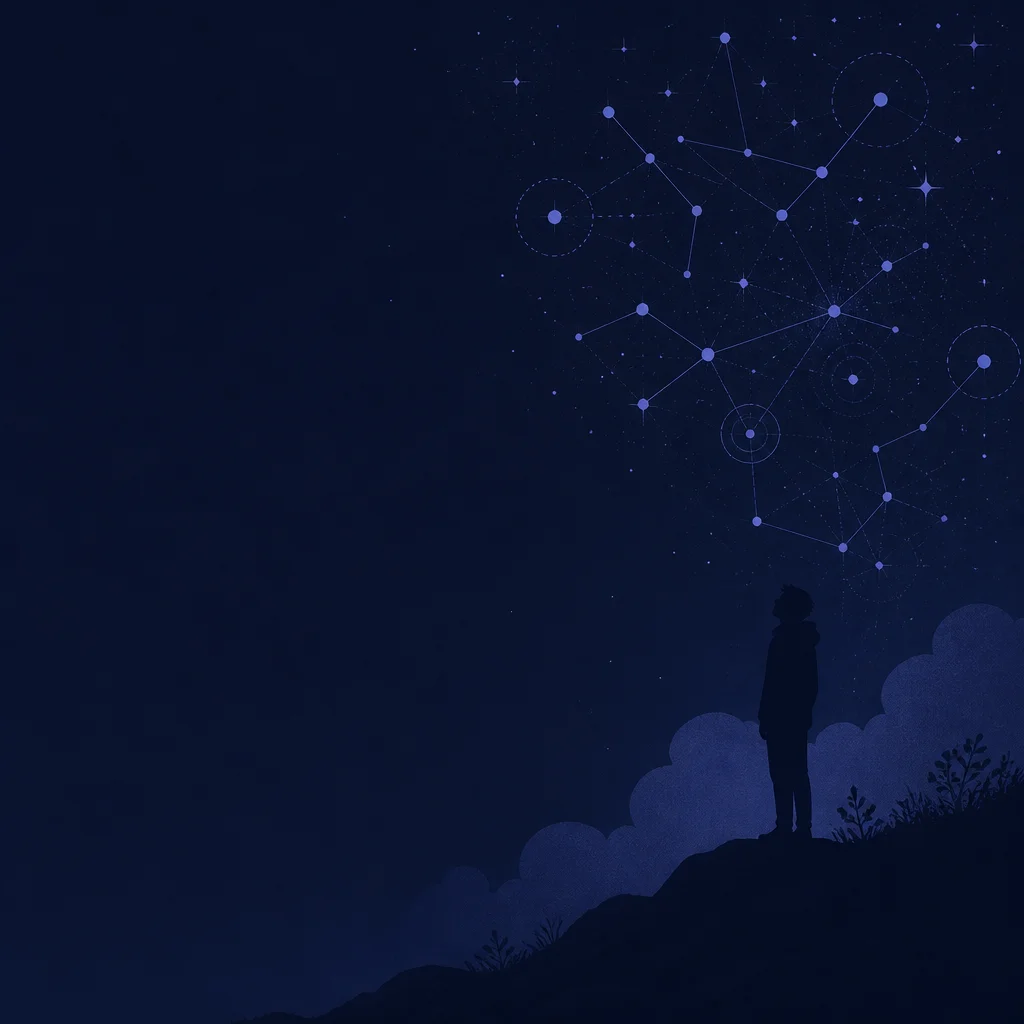 Silhouette gazing at connected stars, representing the monogamous partner's reflective journey.