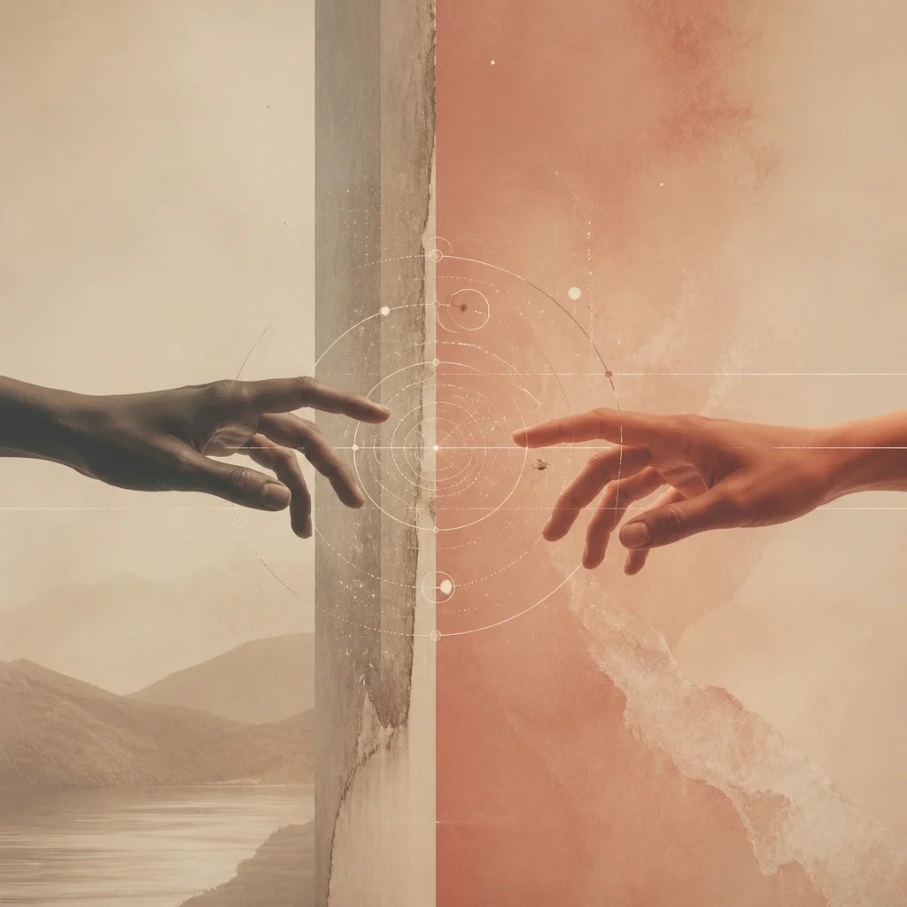 Two hands reaching across a divide with translucent rings between them, symbolizing negotiation in a mono-poly relationship.